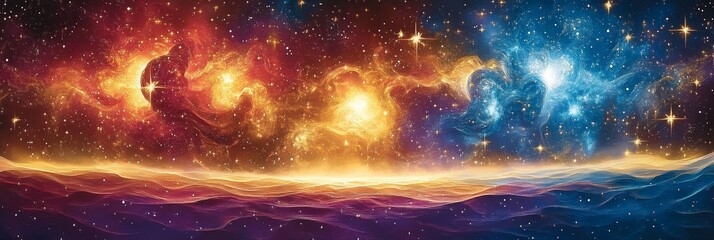 Wall Mural - fiery nebula, sparkling stars, and rich colors of deep blues and golds illuminating the cosmos
