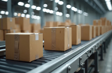 Poster - Cardboard packages move on conveyor belt in warehouse. Boxes are taped ready for shipping, distribution. Logistic and automated production in process. Delivery supply chain concept.