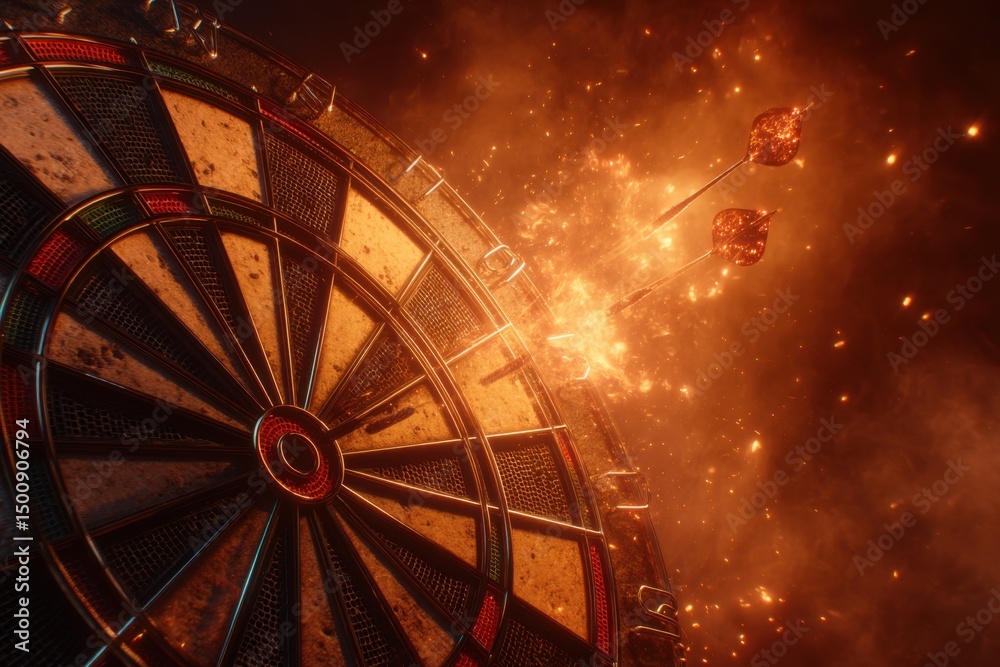 Firework Exploding Dart Two darts hit target, creating firework-like sparks against a dark ...