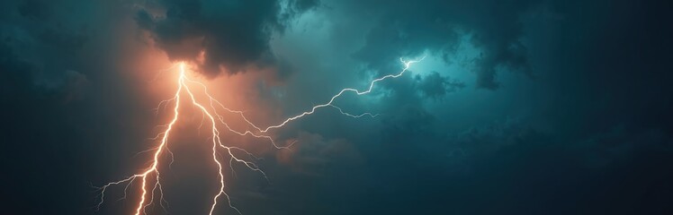 Poster - Dramatic lightning strike in stormy sky. Dark clouds background with glowing bolts of electricity. Abstract weather photo, strong, powerful forces of nature.