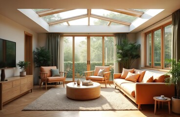 Poster - Scandinavian style living room with large windows, skylight. Bright, modern interior design concept with comfortable furniture. Cozy home, interior, design with wooden elements. Green plants inside.
