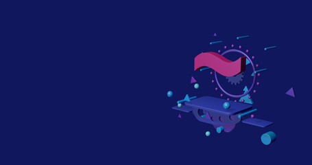 Poster - Pink tilde symbol on a pedestal of abstract geometric shapes floating in the air. Abstract concept art with flying shapes on the right. 3d illustration on indigo background