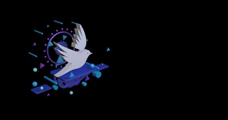 Poster - White bird symbol on a pedestal of abstract geometric shapes floating in the air. Abstract concept art with flying shapes on the left. 3d illustration on black background