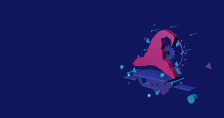 Poster - Pink wizard hat symbol on a pedestal of abstract geometric shapes floating in the air. Abstract concept art with flying shapes on the right. 3d illustration on indigo background