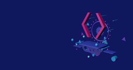 Poster - Pink angle brackets symbol on a pedestal of abstract geometric shapes floating in the air. Abstract concept art with flying shapes on the right. 3d illustration on indigo background