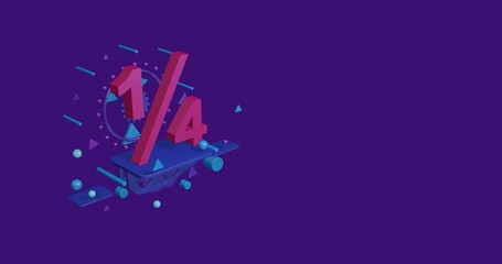 Poster - Pink quarter fraction symbol on a pedestal of abstract geometric shapes floating in the air. Abstract concept art with flying shapes on the left. 3d illustration on deep purple background