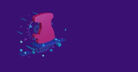 Poster - Pink sanding machine symbol on a pedestal of abstract geometric shapes floating in the air. Abstract concept art with flying shapes on the left. 3d illustration on deep purple background