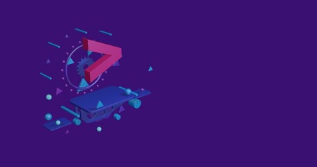 Poster - Pink greater symbol on a pedestal of abstract geometric shapes floating in the air. Abstract concept art with flying shapes on the left. 3d illustration on deep purple background