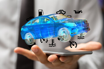 Poster - Person inspecting a digital car model on their phone, showcasing car diagnostics and maintenance.