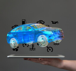 Poster - 3D model of a car on a tablet, showcasing auto repair and diagnostic technology.