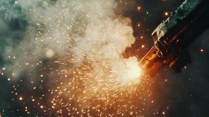 Poster - Metal being welded by a robotic arm with sparks flying in an industrial environment