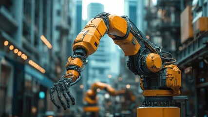 Poster - An automated construction site where drones and robots work together to assemble prefabricated building components.,