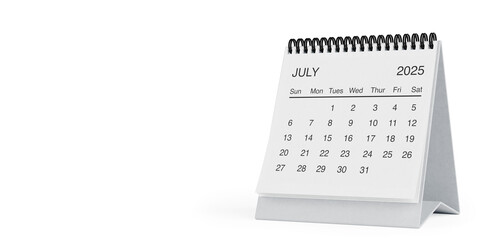 Poster - White Desk Monthly July 2025 Business Calendar. 3d Rendering