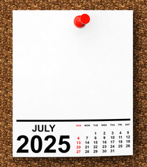 Aufkleber - Calendar July 2025 on Blank Note Paper. 3d Rendering