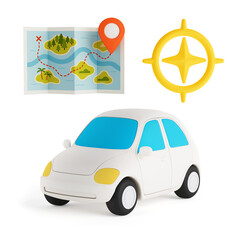Poster - navigation and travel concept. white cartoon car with map and compass. 3d rendering