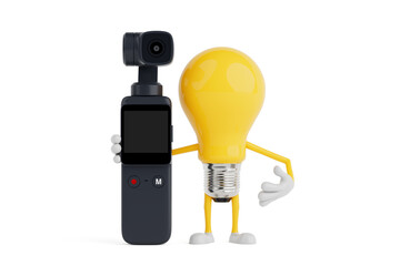 Poster - Content Creation Idea Concept. Yellow Cartoon Light Bulb Character Holding Action Camera With Gimbal. 3d Rendering