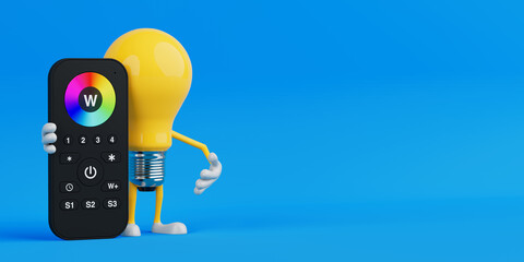 Aufkleber - Smart Control Concept. Yellow Cartoon Light Bulb Character Holding LED Light Remote With Color Wheel. 3d Rendering