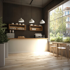 Poster - Modern cafe interior with large window, wooden floor, natural light, cozy seating, and minimalist decor create welcoming