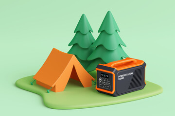 Aufkleber - Off Grid Power And Camping Concept. Portable Power Station With Tent And Trees. 3d Rendering