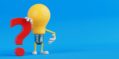 Fototapete - Curiosity And Questioning Concept. Light Bulb Character Holding Large Red Question Mark. 3d Rendering