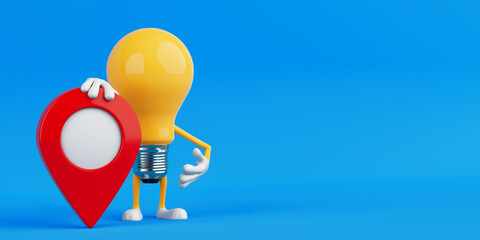 Poster - Navigation And Location Idea Concept. Yellow Light Bulb Character Holding Red Map Pin Marker. 3d Rendering