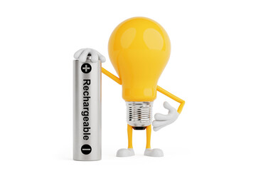 Poster - Energy Saving And Recharge Concept. Yellow Light Bulb Character Standing With Rechargeable Battery. 3d Rendering