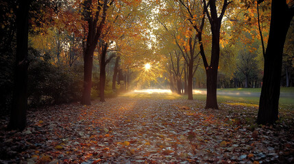 Poster - Autumn forest sunlight trees fallen leaves nature peaceful morning golden light tranquil scene