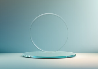 Poster - minimalist round clear glass frame on light blue reflective platform modern product display mockup