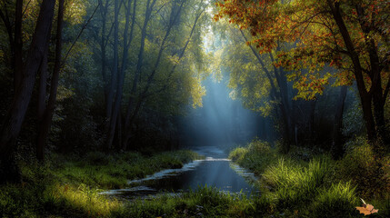 Poster - Sunlight, autumn, forest, river, trees, foliage, and tranquil mood create peaceful woodland scene in early morning light