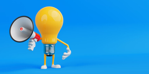 Aufkleber - Creative Communication Concept. Yellow Light Bulb Character Holding Megaphone. 3d Rendering