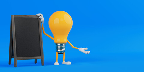 Aufkleber - Presentation And Announcement Concept. Yellow Cartoon Light Bulb Character Standing Beside Blank Black Chalkboard. 3d Rendering