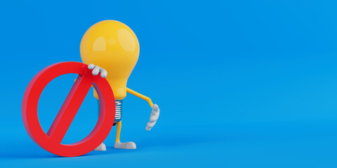Fototapete - Prohibition And Warning Concept. Yellow Cartoon Light Bulb Character Holding Red Forbidden Sign. 3d Rendering