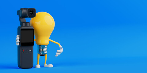 Poster - Content Creation Idea Concept. Yellow Cartoon Light Bulb Character Holding Action Camera With Gimbal. 3d Rendering