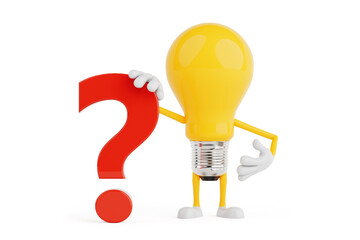Fototapete - Curiosity And Questioning Concept. Light Bulb Character Holding Large Red Question Mark. 3d Rendering