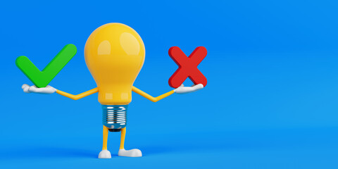 Aufkleber - Decision Making Concept With Positive And Negative Choice. Light Bulb Character Holding Check And Cross Symbols. 3d Rendering