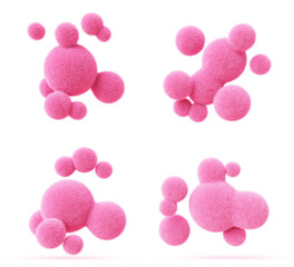 Pink fluffy metaball shapes with fur texture. Abstract felt wool balls. Soft plush spherical blobs. Graphic fuzzy bubbles render. Futuristic circular decor elements, isolated icon set. 3D illustration