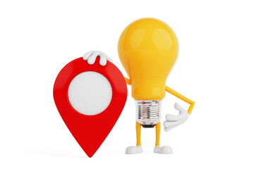 Aufkleber - Navigation And Location Idea Concept. Yellow Light Bulb Character Holding Red Map Pin Marker. 3d Rendering