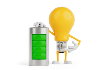 Poster - Energy Efficiency And Power Concept. Yellow Light Bulb Character Standing With Fully Charged Battery. 3d Rendering