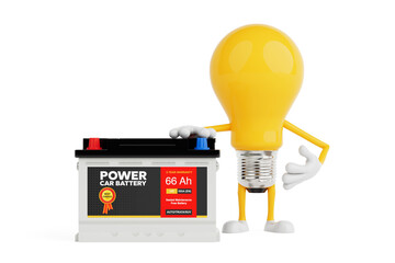 Poster - Energy And Power Supply Concept. Yellow Light Bulb Character Standing Next To Car Battery. 3d Rendering