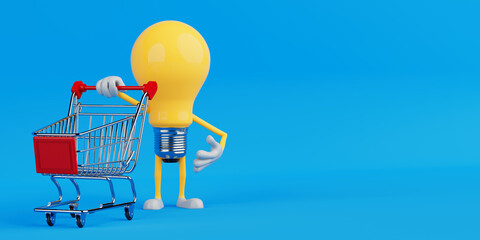 Poster - E Commerce And Shopping Concept. Yellow Light Bulb Character Holding Empty Shopping Cart. 3d Rendering