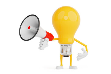 Aufkleber - Creative Communication Concept. Yellow Light Bulb Character Holding Megaphone. 3d Rendering