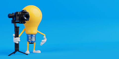 Poster - Content Creation And Filmmaking Concept. Yellow Cartoon Light Bulb Character Holding Camera On Tripod Stabilizer. 3d Rendering
