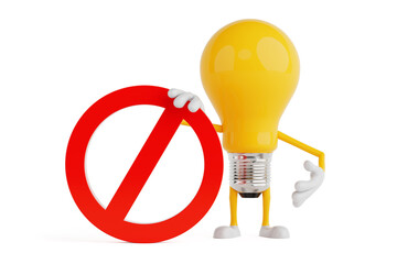 Aufkleber - Prohibition And Warning Concept. Yellow Cartoon Light Bulb Character Holding Red Forbidden Sign. 3d Rendering