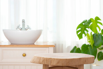 Wall Mural - round wooden side table as pedestal for product display montage on blur bathroom sink interior backg