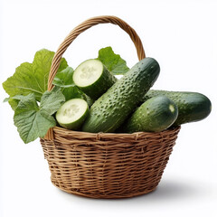 Poster - Fresh cucumber, green vegetable, wicker basket, leafy, organic, healthy food, isolated on white background
