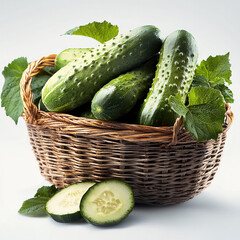 Poster - Fresh cucumber, green vegetable, wicker basket, healthy food, organic produce, sliced, leaf