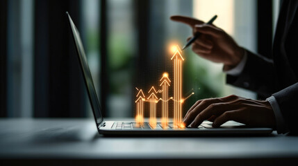 Poster - Businessman laptop digital graph growth success technology office innovation progress analysis