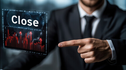 Poster - Businessman pointing at close icon with stock market chart, digital interface, modern office background