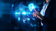 © Miss - Workplace Governance Through AI. Person with a tablet displaying a digital safety audit. A sleek compliance shield with a glowing blue aura, surrounded by minimal icons for biometrics, access control