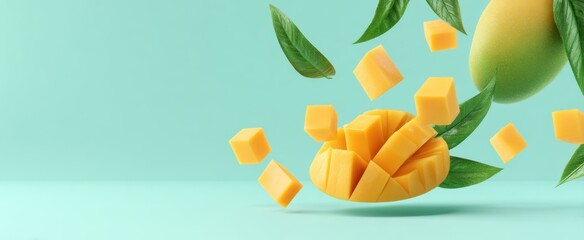 Wall Mural - The Vibrant Mango Cubes and Fresh Green Leaves on Aqua Background
